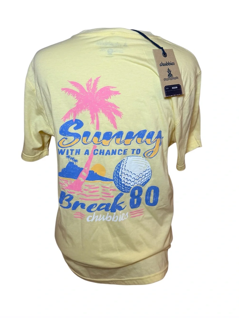 Chubbies Yellow Short Sleeve Tee with Pink & Blue Palm Tree and Golf Logo-Size M